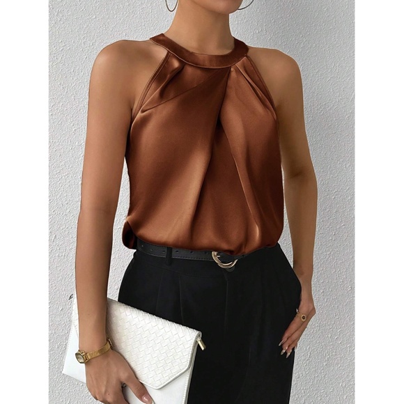 Brown Satin Halter Blouse Top - Picture 2 of 8